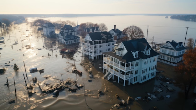 Bovenaanzicht overstroming natuurramp die het huis en de weg vernietigt
