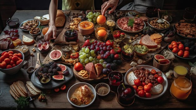 Bovenaanzicht platliggende groep mensen die eten van een grote tafel gevuld met veel vleeswaren