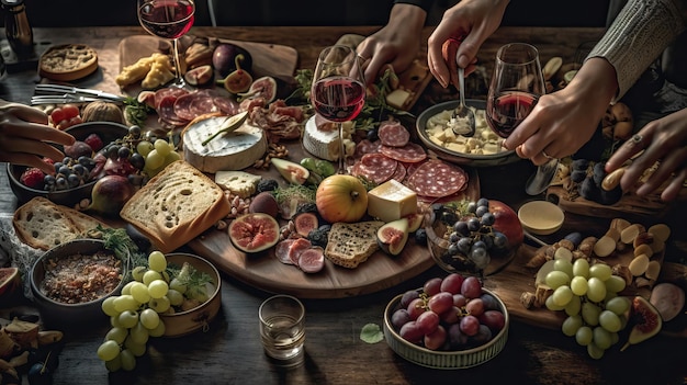 Bovenaanzicht platliggende groep mensen die eten van een grote tafel gevuld met veel vleeswaren