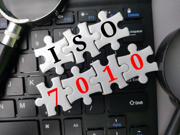 Bovenaanzicht puzzel en vergrootglas met het woord ISO 7010 op draadloos toetsenbord Bedrijfsconcept