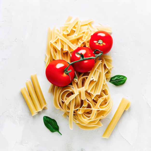Bovenaanzicht rauwe pasta en tomaten op een witte stenen achtergrond bovenaanzicht