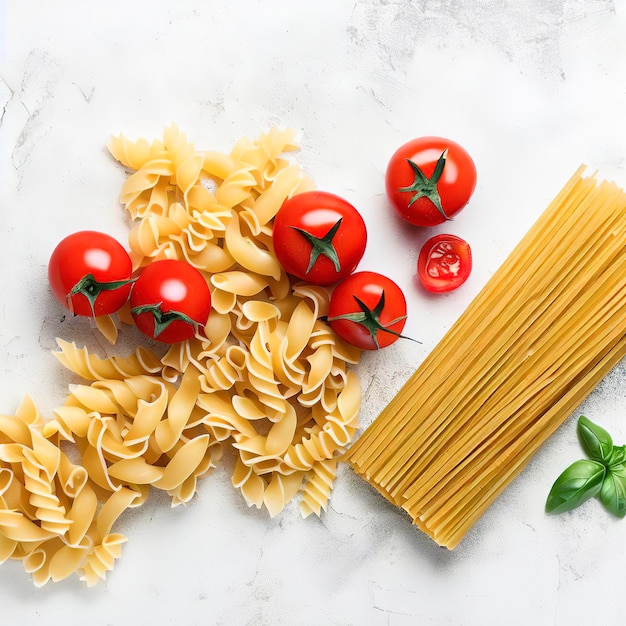 Bovenaanzicht rauwe pasta en tomaten op een witte stenen achtergrond bovenaanzicht