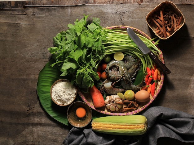 Bovenaanzicht Samenstelling Aziatische Familie Koken Bereiding Ingrediënten voor Dagelijks Menu