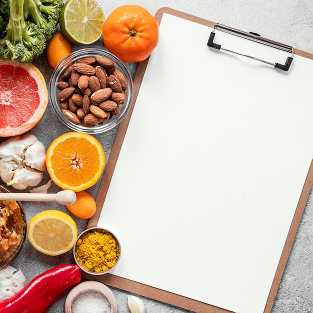 Foto bovenaanzicht samenstelling van gezond voedsel voor het versterken van de immuniteit