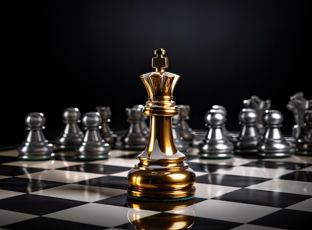 bovenaanzicht shot van gouden koning omringd met zilveren schaakstukken op schaakbordspelcompetitie
