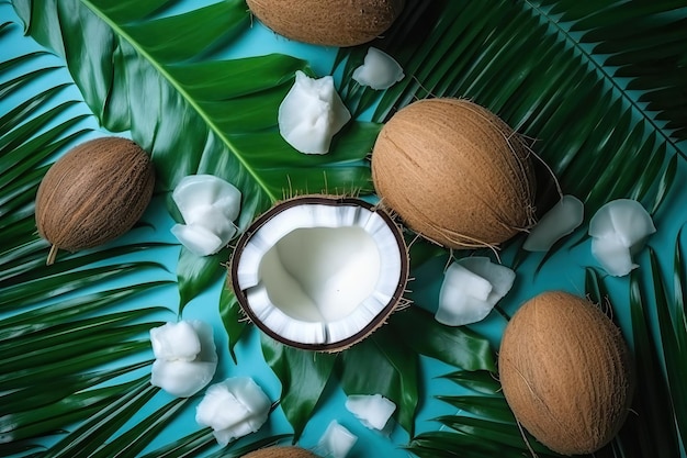 Bovenaanzicht shot van kokosnoten achtergrond tropische palm Plat leggen Generatieve AI