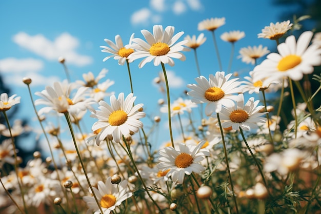 Bovenaanzicht sierlijke witte kamille bloemen op zacht blauw hemeldoek