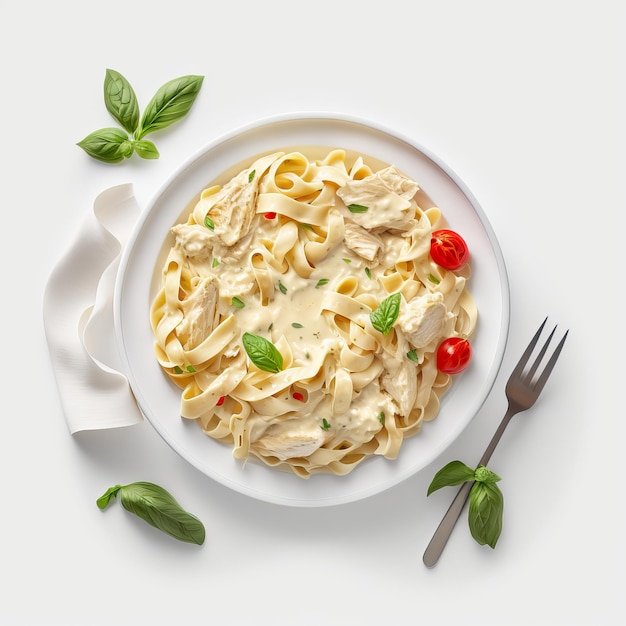 Bovenaanzicht smakelijke fettucine alfredo op lichtroze achtergrond