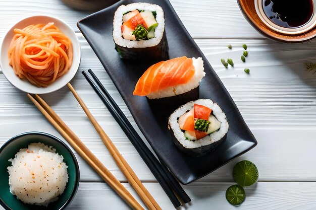 Bovenaanzicht tafel van sushi