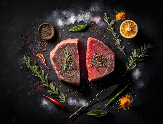 Bovenaanzicht van 2 Biefstuk met kruiden gemaakt met generatieve AI-technologie