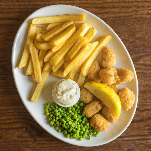 Bovenaanzicht van aardappelvrije doperwten en nuggets met bruine saus