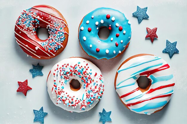 Bovenaanzicht van Amerikaanse sterren en donuts Plat leggen van accessoires voor de dag van de onafhankelijkheid van de VS Generatieve Ai