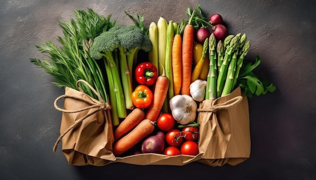 Bovenaanzicht van assortiment van groenten in papieren zak