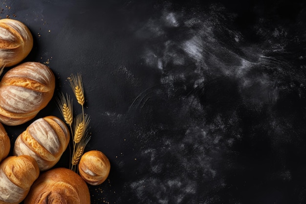 Bovenaanzicht van bakkerijproducten op zwart schoolbord met kopieerruimte