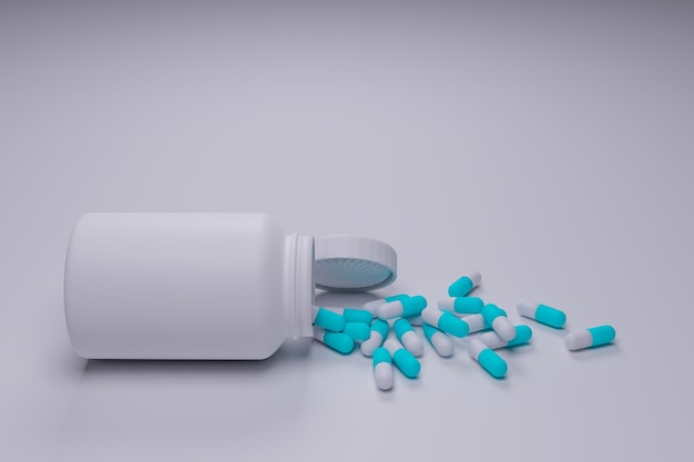 Bovenaanzicht van blauwe capsules medicatie en container, 3d illustratie rendering