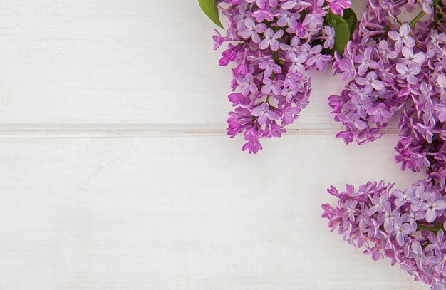 Bovenaanzicht van bloeiende lila takken ontworpen als hoekframe op witte houten achtergrond Kopieer- en productruimte Paarse bloemen plat gelegd