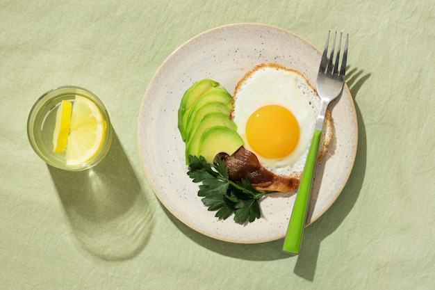 Bovenaanzicht van bord met keto-dieetvoedsel en een glas water met citroen