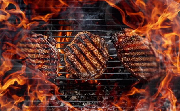 Bovenaanzicht van de grill sappige steaks worden gebakken op de grill