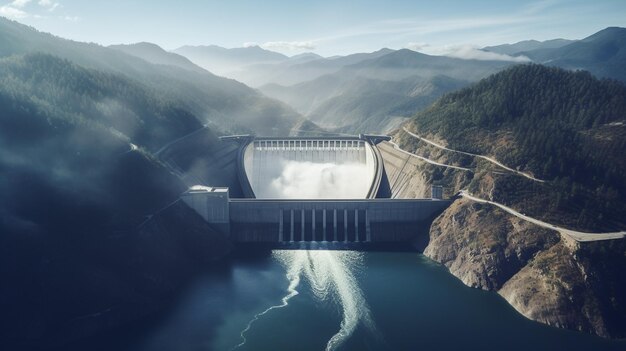 bovenaanzicht van de rivier en het platina met een waterkrachtcentrale