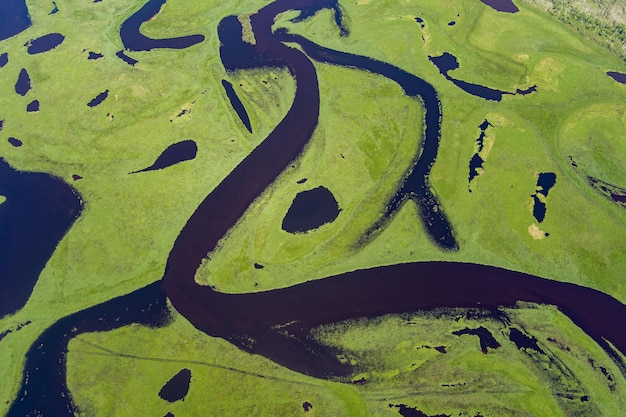 Bovenaanzicht van de rivier schieten vanaf een drone-rivier op een groene achtergrond Amoer rivier bird39seye view