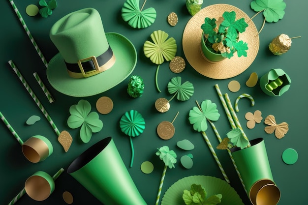 Bovenaanzicht van de St. Patrick's Day decoratieve set AI-generatie