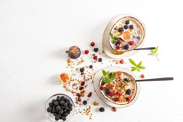 Bovenaanzicht van de witte achtergrond met twee moderne keramische kommen met zelfgemaakte muesli of muesli met chiazaden, rozijnen en fruit