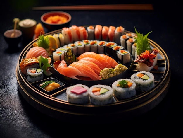 Bovenaanzicht van diverse sushi sushi roll