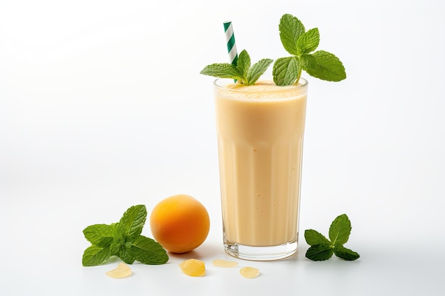 Bovenaanzicht van een abrikozenmilkshake of smoothie in een glas vergezeld van een rietje en muntblaadjes