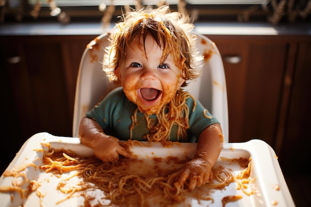 Bovenaanzicht van een baby die een puinhoop maakt met zijn eten. Spaghetti over zijn hele gezicht