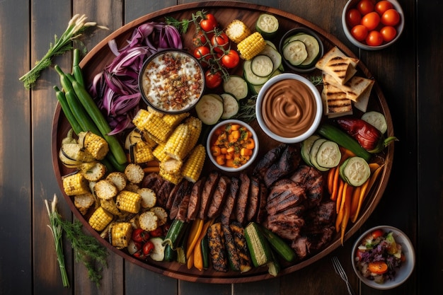 Bovenaanzicht van een barbecueschotel met gegrilde groenten gemaakt met generatieve ai