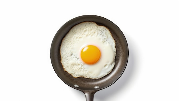 Bovenaanzicht van een gebakken ei op een witte geïsoleerde pan met een schaduw