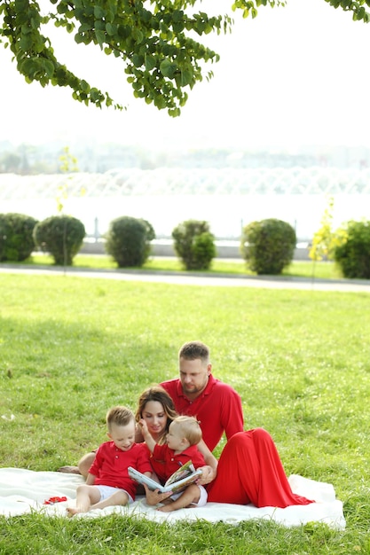 Bovenaanzicht van een gelukkig jong gezin met een golden retriever-hond die op het gras rust tijdens een picknick