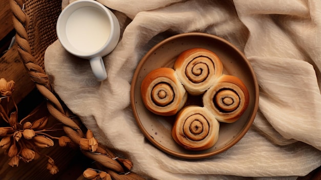 Bovenaanzicht van een gerecht met kaneelbroodjes