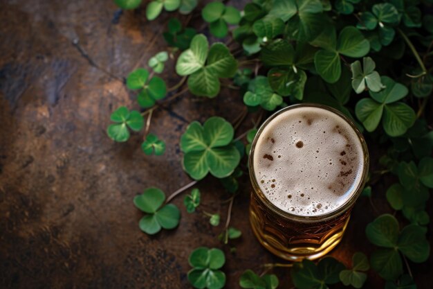 Bovenaanzicht van een glas bier en een klavertje vier op tafel met kopieerruimte St Patricks Day