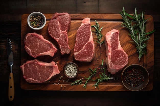bovenaanzicht van een houten snijplank met stukjes rauw vlees om te koken Generatieve AI