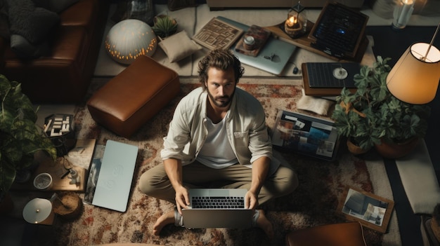 Foto bovenaanzicht van een jonge man die laptop gebruikt terwijl hij op de vloer zit mannelijke freelancer die op afstand werkt vanuit huis