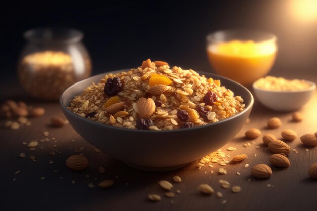 Bovenaanzicht van een kom muesli met havernoten ai generatief