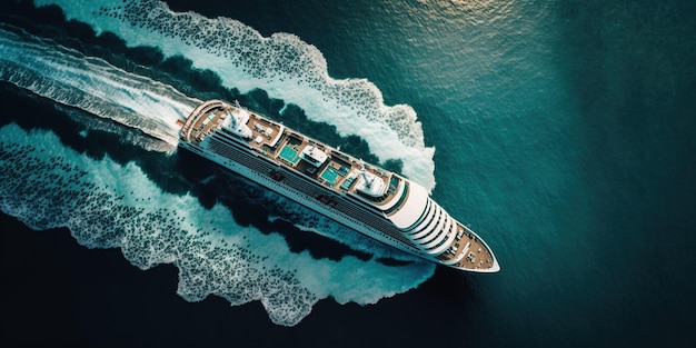 Bovenaanzicht van een modern cruiseschip in een kalme zee met kristalhelder water Generatieve AI