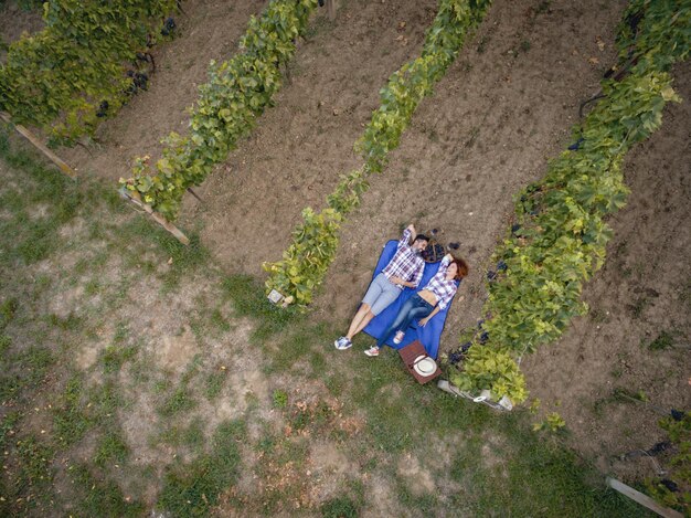 Bovenaanzicht van een mooi glimlachend stel dat picknickt en wijn proeft bij een wijngaard.