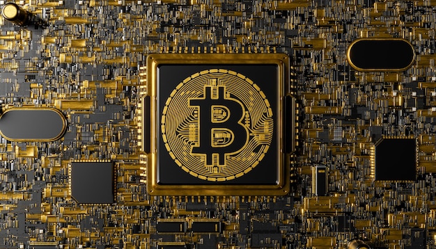 bovenaanzicht van een processor met Bitcoin-symbool