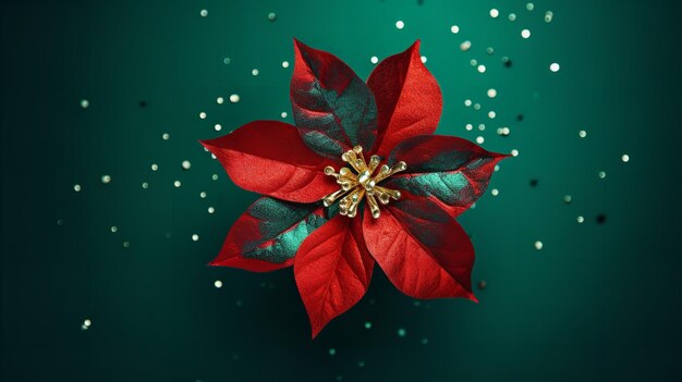 Bovenaanzicht van een rode kerstpoinsettiabloem op een groene achtergrond Generatieve AI