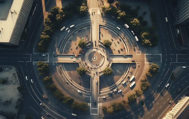 bovenaanzicht van een rotonde in het midden van een drukke stad. Luchtfoto gecentreerd symmetrisch