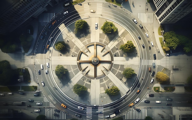 Foto bovenaanzicht van een rotonde in het midden van een drukke stad. luchtfoto gecentreerd symmetrisch