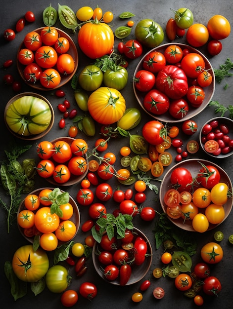 Bovenaanzicht van een tafel met veel verschillende soorten tomaten AI gegenereerd AI generatieve AI generatieve