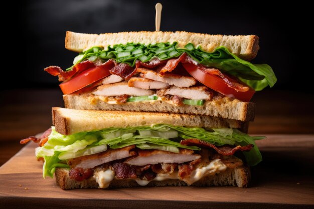 Foto bovenaanzicht van een torenhoge clubsandwich gevuld met laagjes knapperige spekverse sla