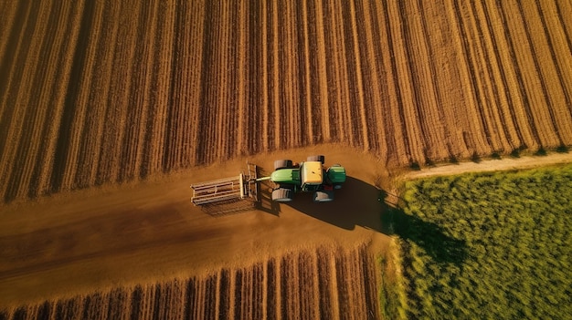 Bovenaanzicht van een tractor die maïszaden plant in een hoge hoek van een veld Generatieve AI