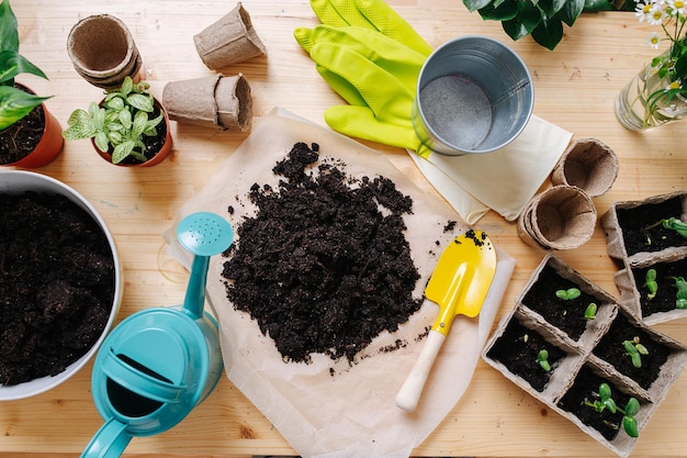 Bovenaanzicht van een tuintafel met grondzaailingen en gereedschap