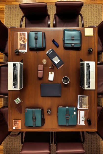 Foto bovenaanzicht van een vergadertafel met laptops en documenten gemaakt met generatieve ai