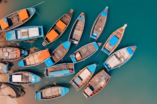 Bovenaanzicht van een verzameling traditionele vissersboten aan de kust Generatieve AI