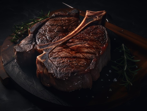 Bovenaanzicht van een zeer groot stevig stuk gebarbecued steak generatieve ai